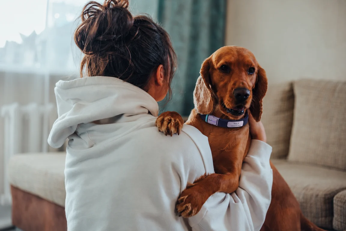 Une propriétaire et son chien portant le collier AniMood, réunis sur un canapé